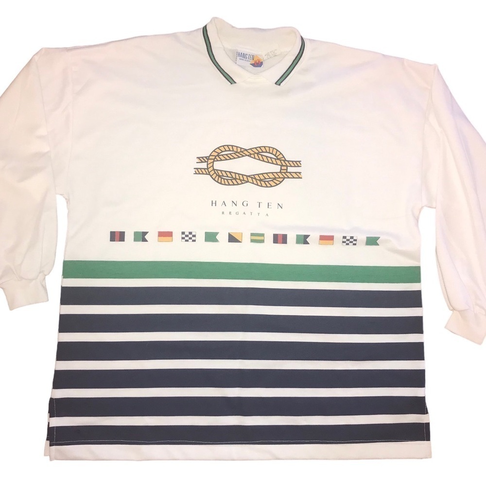 Vintage Hang Ten Nautical Pull Over Polo Regatta Style Top Sweat Shirt L